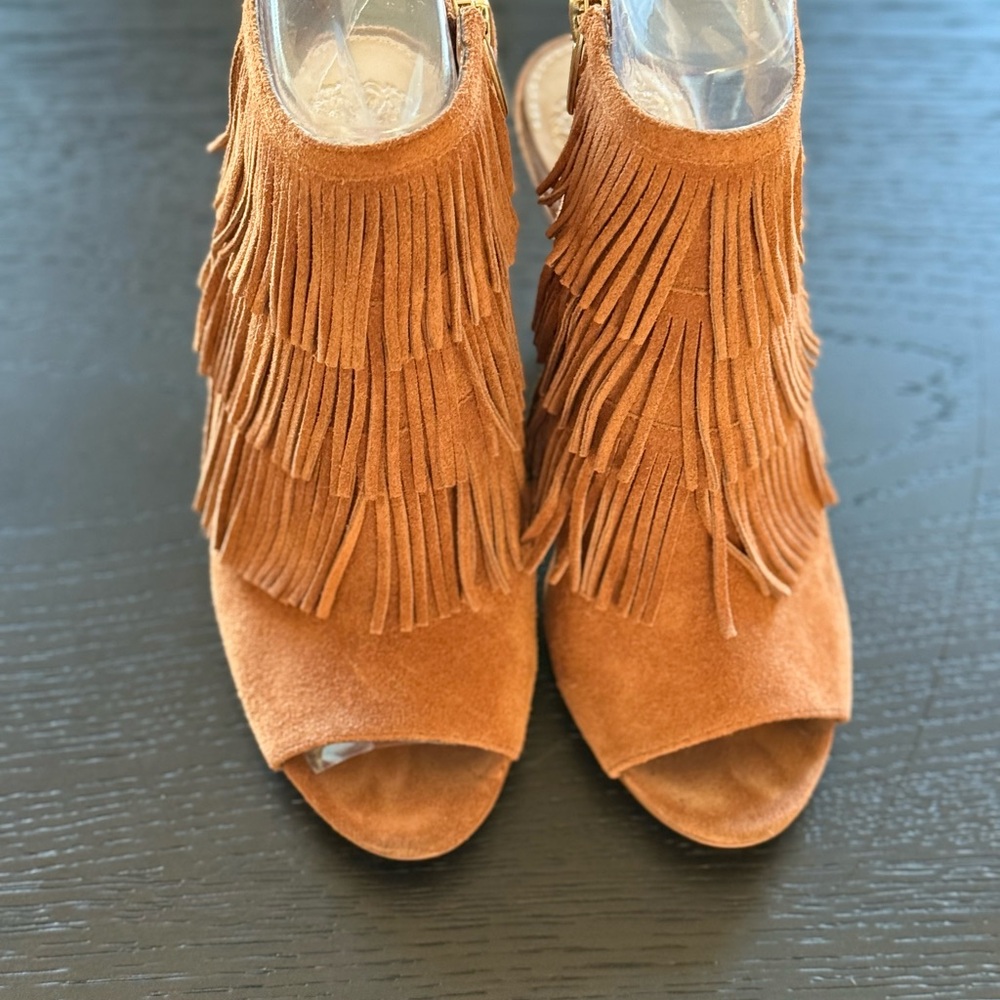 Vince Camuto Fringed Suede Open-Toe Heeled Boots